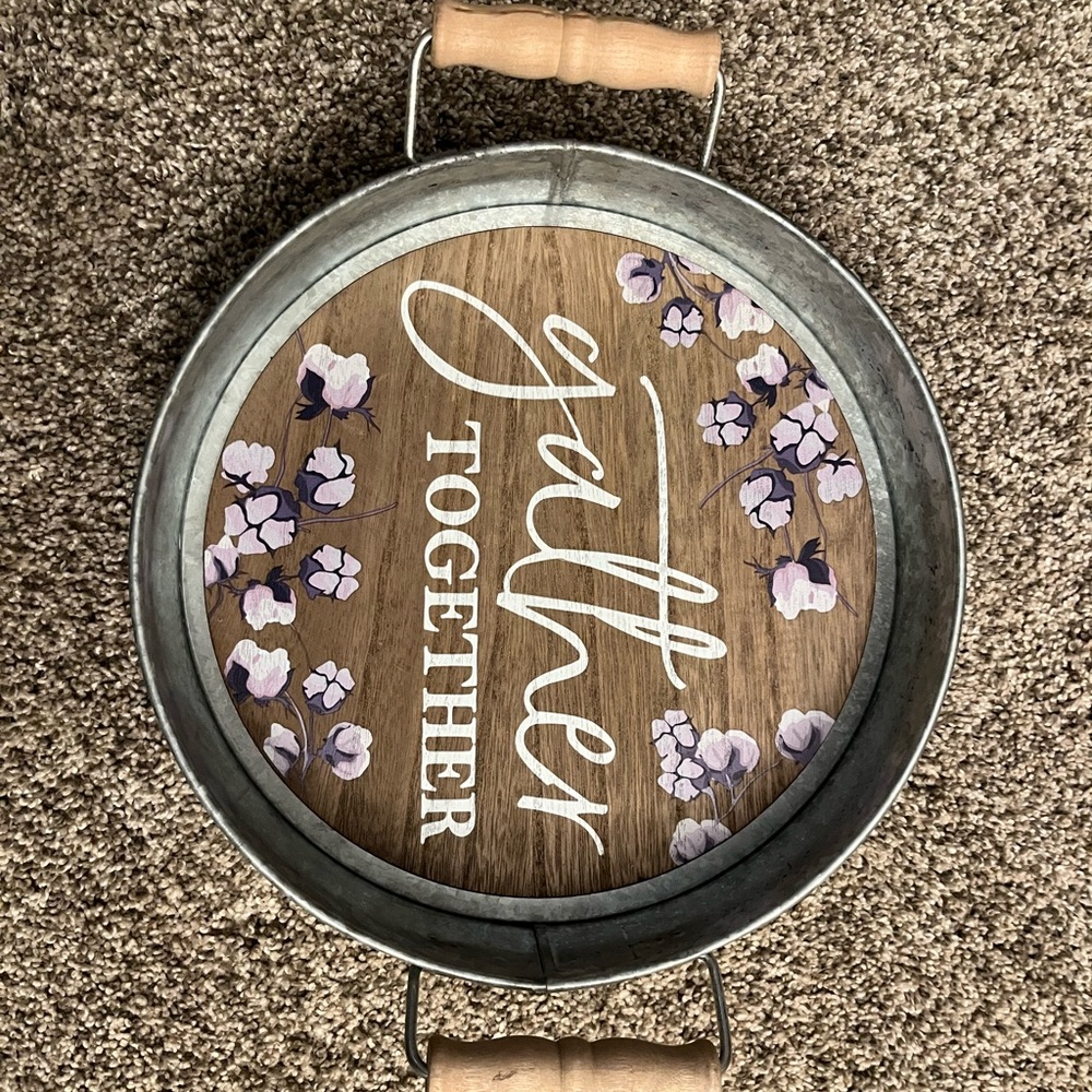 Round Metal and Wood Tray with Floral Design